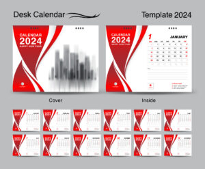 desk calendar 2024 template set and red wave cover design set of 12 months creative calendar 2024 design wall calendar 2024 year planner business template stationery printing media vector Mechanic37.in